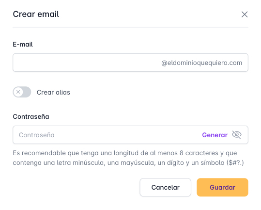 Formulario al crear una cuenta de correo