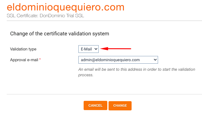 Selección tipo de validación de SSL en DonDominio