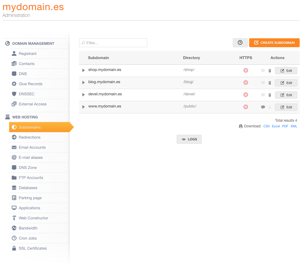 hosting management panel - subdomains