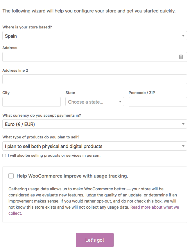 WooCommerce config, step 1