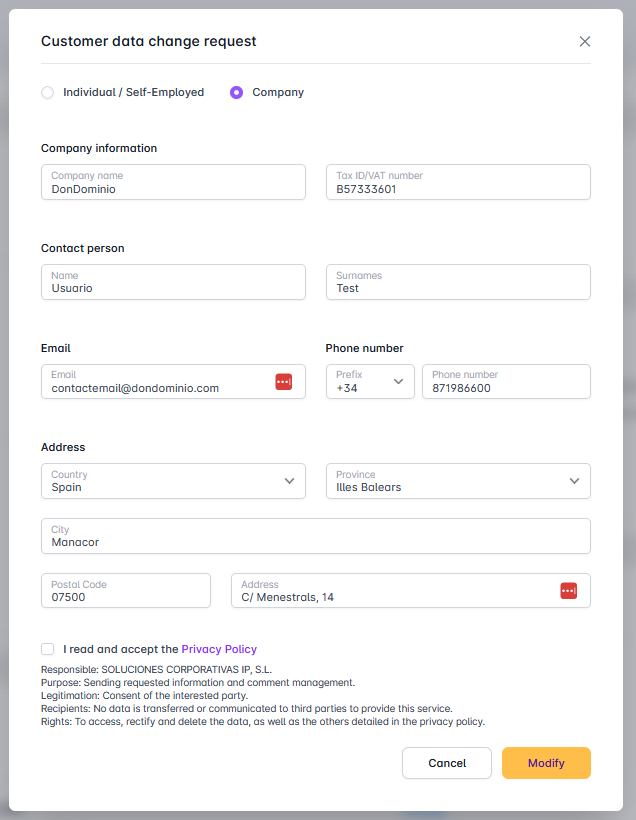 Billing modify form